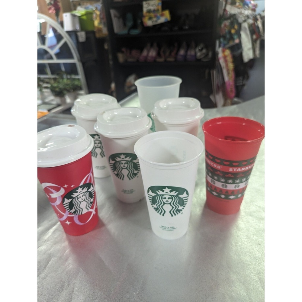 8 lot Starbucks cups green logo Christmas 50 Years some with lids